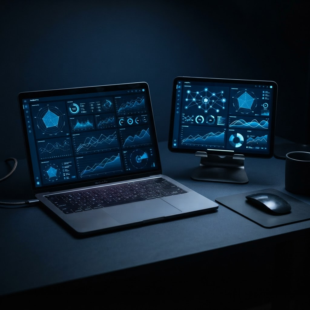 REAXION CLOUDの分析画面を表示したタブレットとノートPC（画面イメージ）