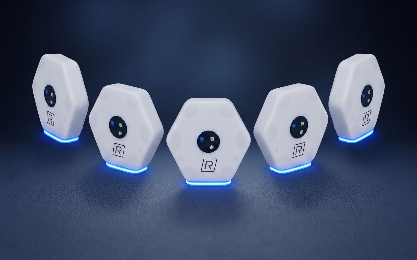 底面が青く発光する六角形のREAXION Device5台が弧状に配置され、光刺激を提示している様子