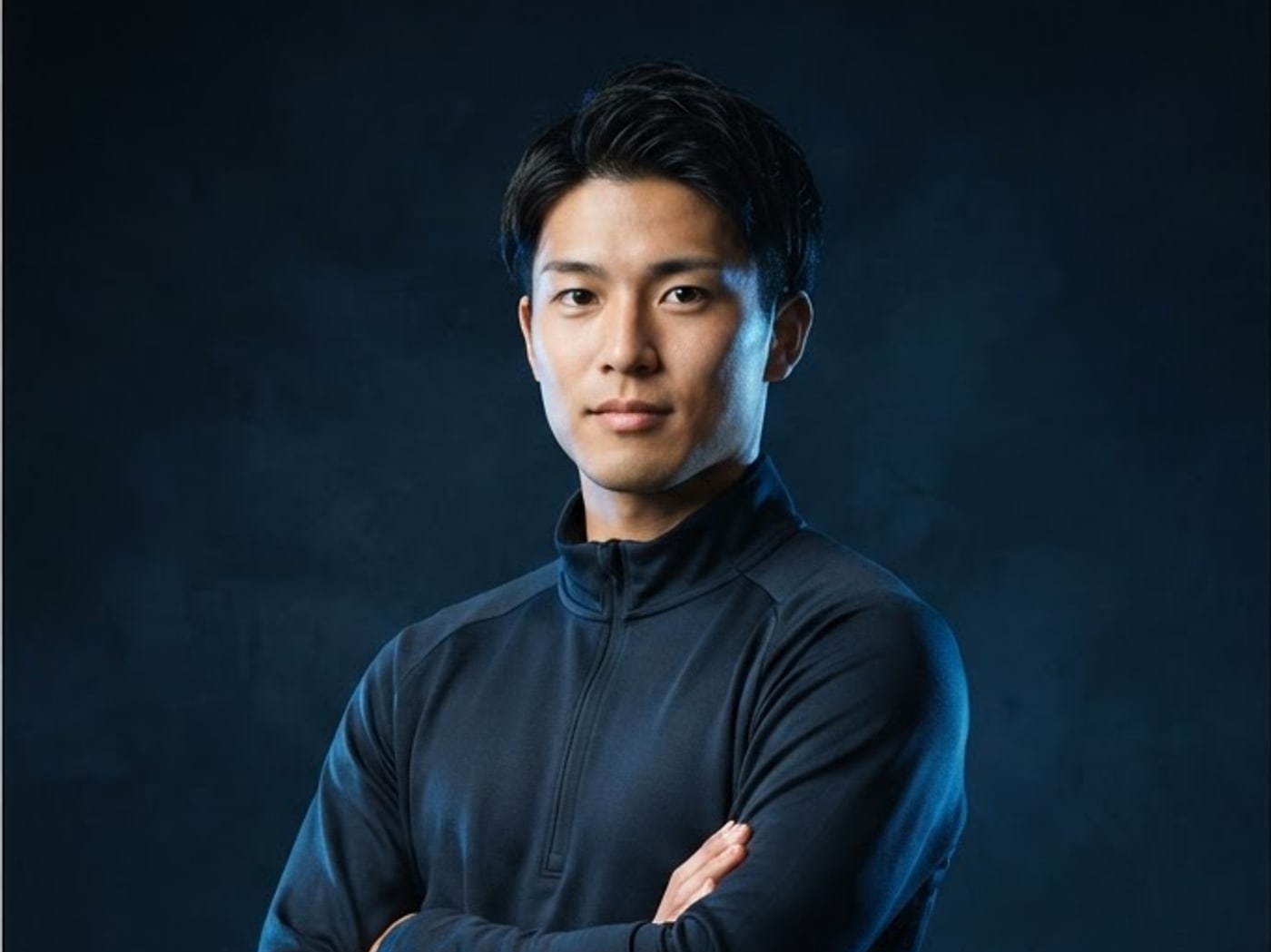 黒のトレーニングウェアを着た20代の男性アスリートのポートレート