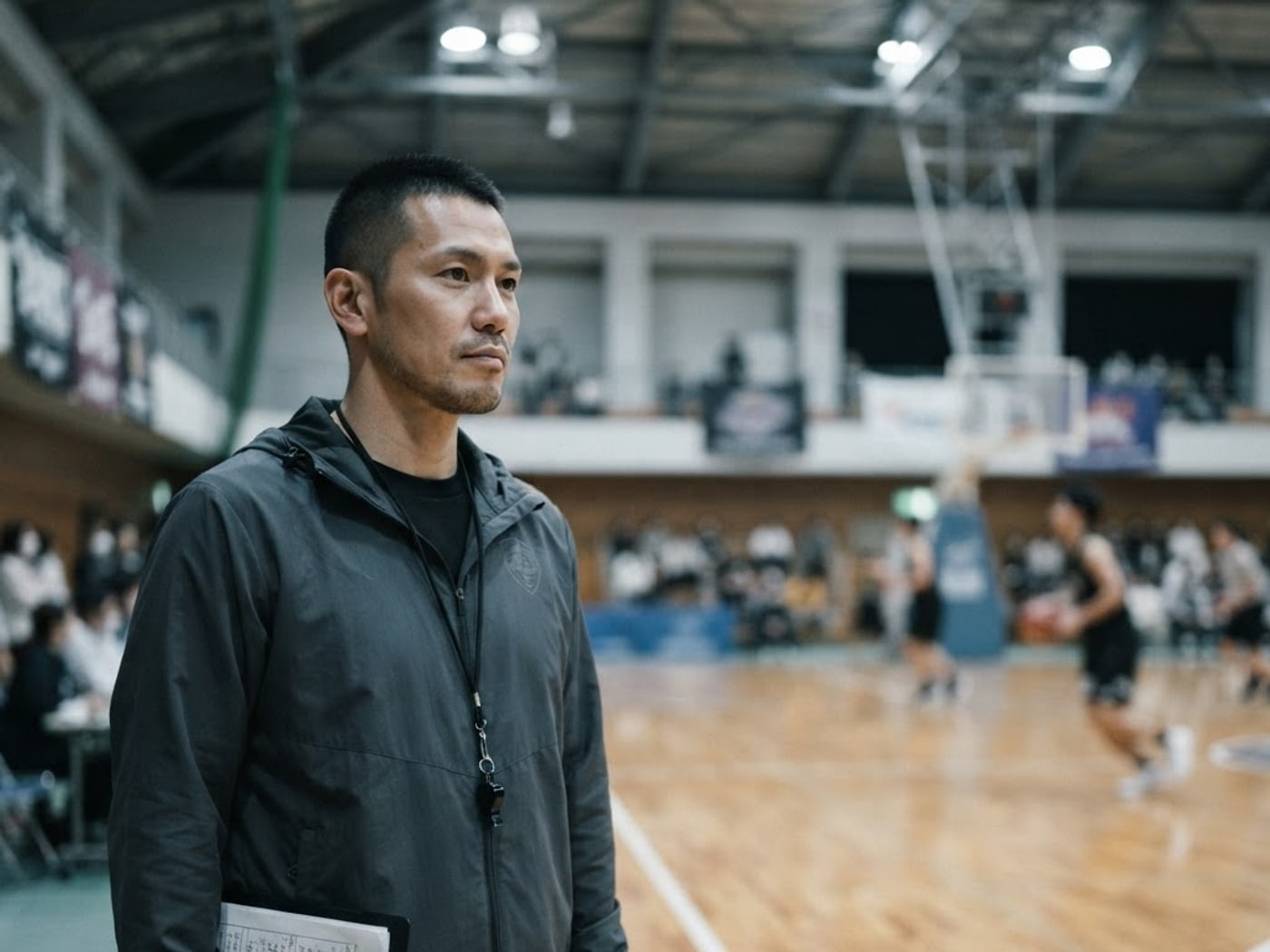 体育館のコート脇でクリップボードを持ち、選手を見つめる男性指導者のポートレート