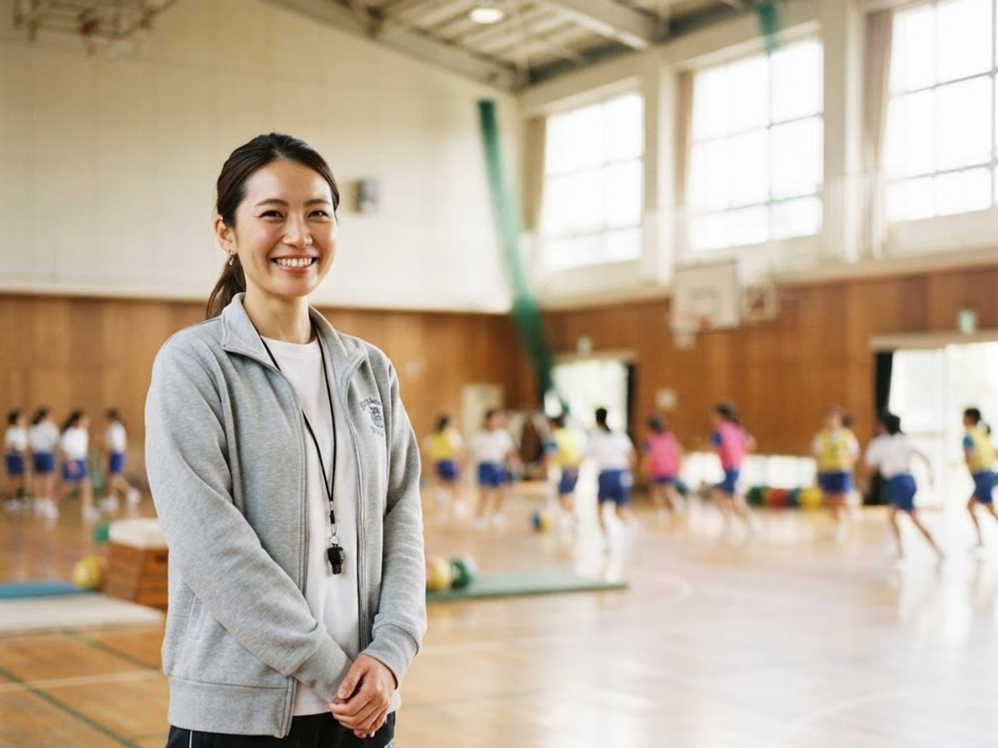 明るい学校の体育館でジャージを着て笑顔を見せる女性教員のポートレート